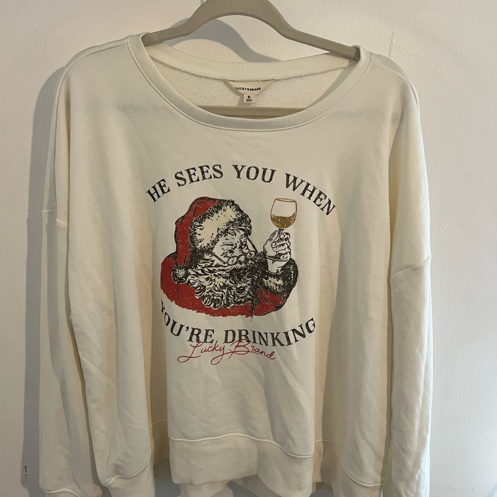 Lucky Brand Cream Crewneck Sweater with Santa Graphic